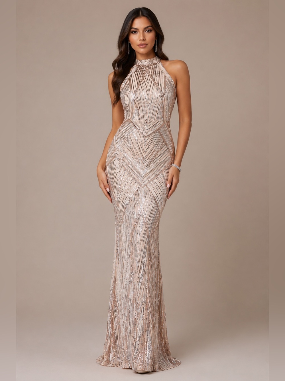 18-  Halter Neck Mermaid Sequined Prom Evening , Dinner or Wedding Guest Dress